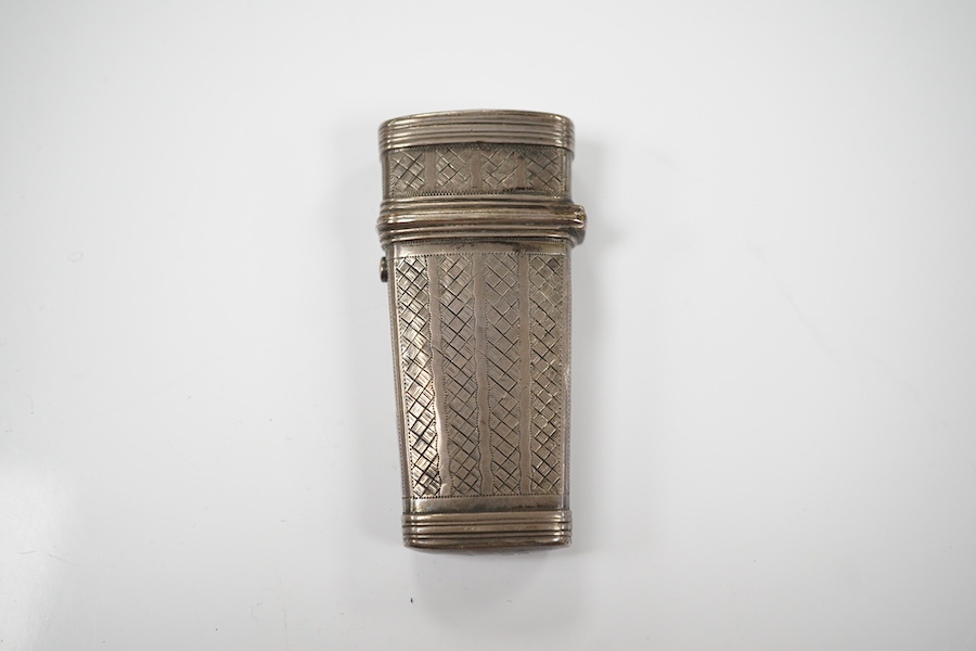 A William IV engraved silver fleam case containing three (ex 4) tortoiseshell mounted fleams, Thomas Hughes Headland, London, 1830, 61mm. Condition - poor